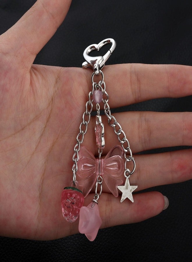 SORGERLY Cute Y2K Aesthetic Charm Keychain - Kawaii Star Strawberry Bow Heart Key Chain Accessories - Pink Bag Purse Handbag Backpack Decor for Women - Image 2